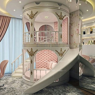 别墅欧式高端城堡女孩公主床，法式实木安全护栏网，红男孩童趣儿童床