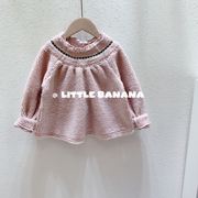 韩国童装女童儿童冬季羊羔绒发圆领套头长袖娃娃版上衣绒衫