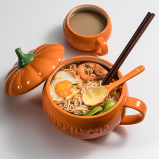 泡面碗带盖陶瓷南瓜碗可爱家用螺蛳粉餐具，汤碗日式万圣节小礼物