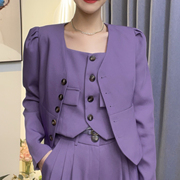 大码春秋成套搭配减龄高级感时尚名媛外套马甲休闲裤紫色西装套装