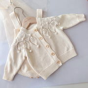 ins韩版婴儿外套手工毛球针织开衫，女宝宝毛衣，纯棉棉纱线上衣套装