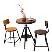 现代简约铁艺实木桌椅三件套圆形升餐桌奶茶店咖啡店阳台小茶几