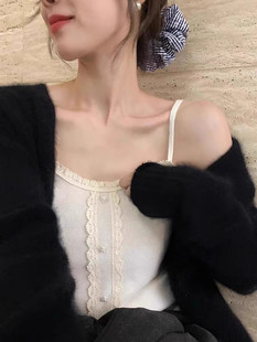 韩国东大门羊毛吊带背心蕾丝拼接单排扣显瘦内搭上衣2024春季