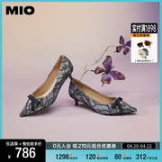 MIO米奥2024年春季显瘦尖头中跟浅口单鞋蝴蝶结细跟猫跟鞋女鞋