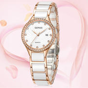 防水品牌女超薄简约石英表款手表士手表，瑞士镶钻白色陶瓷