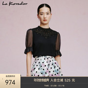 La Koradior拉珂蒂2023夏黑色冰丝网纱拼接钉珠针织衫上衣女