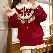 冬季红丝绒蛋糕新年战袍毛呢套装，女短款上衣半身裙两件套