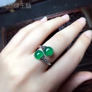 绿色玛瑙玉石戒指天然绿玉髓，宝石戒指s925纯银女时尚开口食指戒指