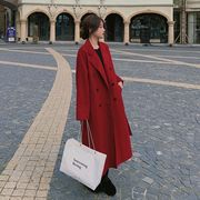 赫本风红色毛呢西装外套，女中长款2023年冬季过年战袍加厚呢子大衣