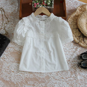 儿童短袖衬衫2023女童上衣夏装，白色蕾丝拼接衬衣童装纯棉大童