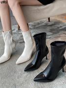 白色高跟靴子女2023春秋季尖头，短靴女细跟瘦瘦靴马丁靴中筒靴
