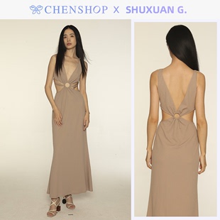 shuxuang.圆环深v款裸色连衣裙纯色长裙，性感chenshop设计师品牌