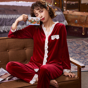 销睡衣女士春秋款长袖秋冬季金丝绒，韩版加大码红色套装可外穿家厂
