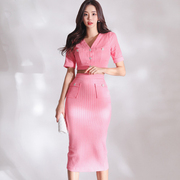 纯欲系粉色针织套装两件套女夏季性感辣妹，短款上衣高腰长款半身裙