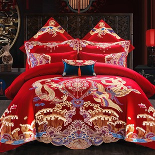 全棉新婚庆(新婚庆)四件套大红色长绒棉龙凤，刺绣结婚高端家纺床上用品中式