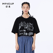 moveup幻走2023夏季.fun系列，圆领猫咪印花设计师，中长款t恤女