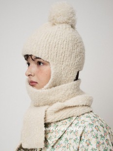 韩国秋冬甜美少女感羊毛加长厚软糯毛球粗针织毛线帽连帽一体围巾