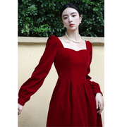 JUJU定制秋冬季丝绒长袖红色连衣裙法式复古赫本风裙子礼服女