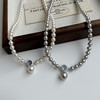 天然镶钻海蓝宝项链S925纯银进口正圆强光施家珍珠锁骨链气质轻奢