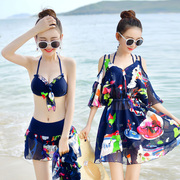 大码游泳衣女胖mm显瘦性感学生韩国比基尼，温泉泳衣三件套分体裙式