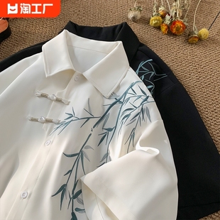新中式轻国风道袍竹子刺绣衬衫，男款夏古风(夏古风，)唐装盘扣短袖衬衣宽松型