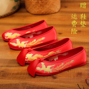 中式婚鞋上轿布鞋红色，龙凤新娘秀禾鞋，平底女结婚鞋子秀禾服绣花鞋