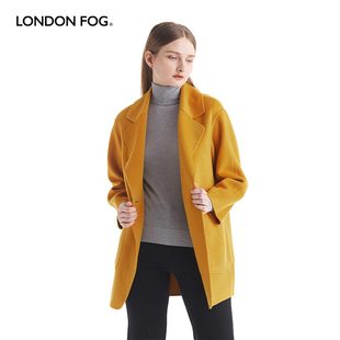 伦敦雾秋冬女装羊毛羊绒双面呢大翻领贴袋双排呢绒黄色大衣外套女
