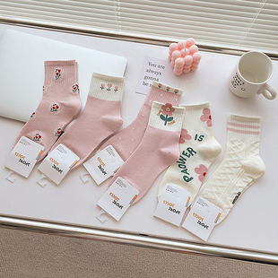 5双袜子女中筒袜精梳棉粉色，可爱小花棉袜夏季薄甜美小清新ins潮袜