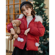 圣诞红色棉服女短款大毛领加厚外套，冬季羽绒服女生棉衣小个子