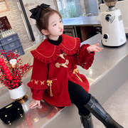女童重工刺绣呢大衣2023冬季韩版儿童夹棉加厚大红甜美拜年服