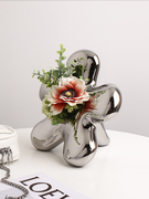 北欧创意陶瓷花朵花瓶轻奢高档家居客厅餐桌插花镀银装饰品摆件