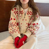 韩国chic秋冬法式甜美抽绳连帽图案提花设计感长袖针织毛衣外套女
