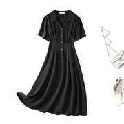 大码女装黑色立领短袖衬衫，连衣裙2024夏季简约显瘦中长款裙子
