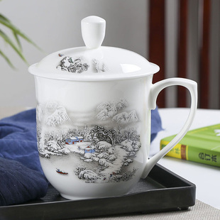 陶瓷茶杯带盖家用大容量办公室水杯景德镇青花瓷杯子，定制骨瓷茶杯