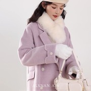 防风保暖毛呢外套，高级中长款浅紫色大衣新中式，秋冬气质西装领