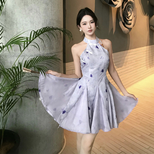 新中式日常复古旗袍印花改良版挂脖式荷叶边性感高腰无袖连衣裙女