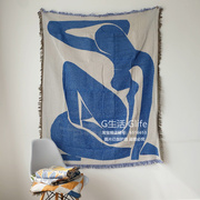 北欧ins地中海蓝色双面编织线毯，沙发盖布墙面背景布挂毯(布挂毯)床尾盖毯