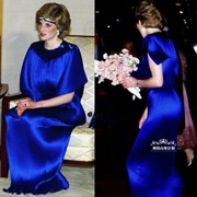 高级定制戴安娜王妃同款宝蓝色真丝，圆领礼服裙高腰，短袖时尚长裙新