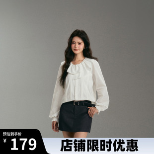 纯棉减龄花边荷叶领设计感圆领白衬衫泡泡袖