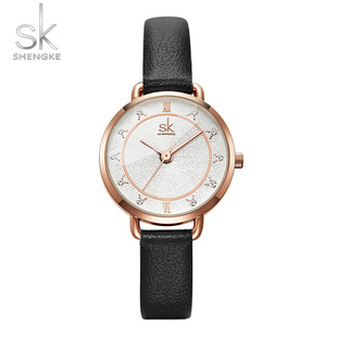 士手表皮带简约石英个性女时尚圆形白色黑色金属普通国产腕表