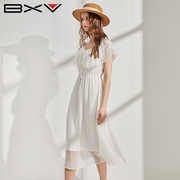 BXV白色桑蚕丝无袖连衣裙女中长款2024新荷叶领真丝长裙飘逸裙子