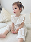 duoduomiya女童夏装套装家居服，睡衣薄款棉麻，娃娃衫上衣+防蚊裤