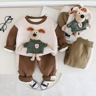 男宝宝冬装加绒加厚长袖卫衣两件套10个月婴儿衣服分体秋冬季套装