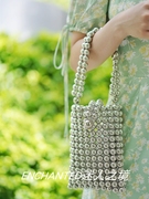 vanina同款辣妹银色串珠小方包手工编织珠珠时髦闪闪手机包手提包