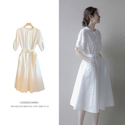 白色衬衫连衣裙女2023春夏季法式赫本风纯棉减龄收腰系带裙子