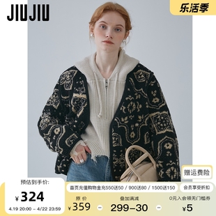 jiujiu复古印花v领双排扣羊羔毛外套(毛外套，)女冬季2023休闲加厚棉服