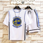 胖男孩休闲运动套装11-17岁假两件短袖T恤青少年篮球衣服大童夏装