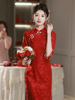 红色蕾丝旗袍敬酒服新娘，2024春订婚礼服连衣裙，回门高级感中长款女