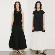piecebypiece夏日纯棉，黑白两色简约a字长，款宽松褶皱蓬感半身裙