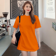 橙色大码短袖t恤女夏季中长款半袖宽松遮屁股韩版下衣失踪上衣潮